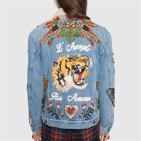 gucci tiger jacket replica|Gucci denim jacket embroidered rep.